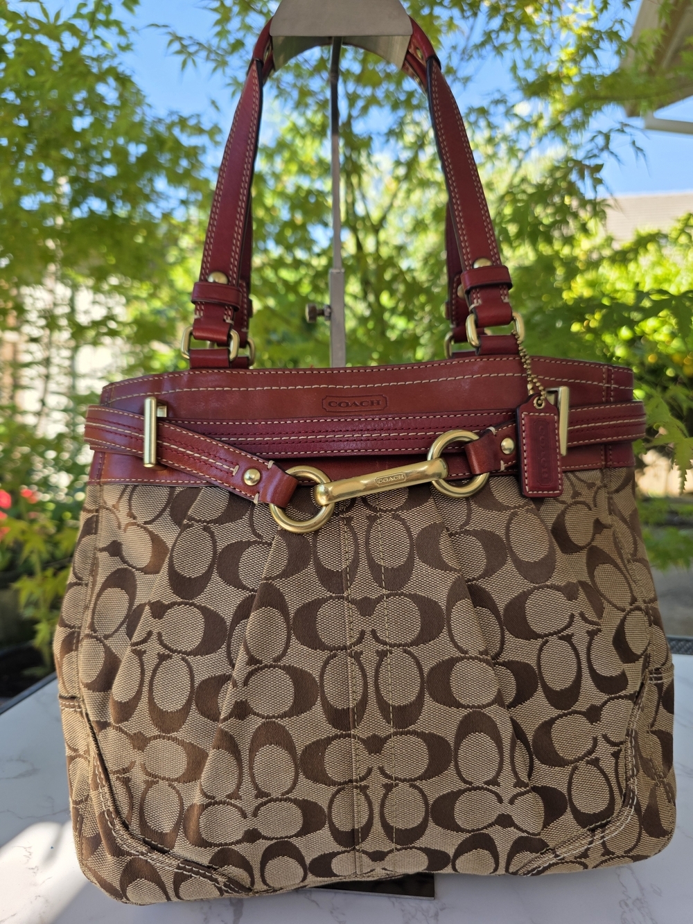 Coach Y2K Hamptons Brown Signature Canvas Tote with Red Leather Trim - Picture 4 of 15